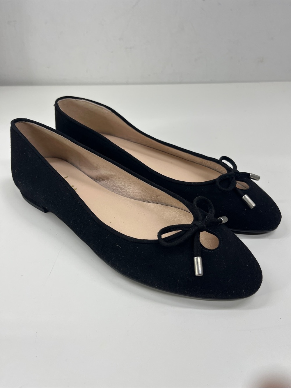 New French Sole Black Suede Ballet Flats with Bow Detail Size 7.5
